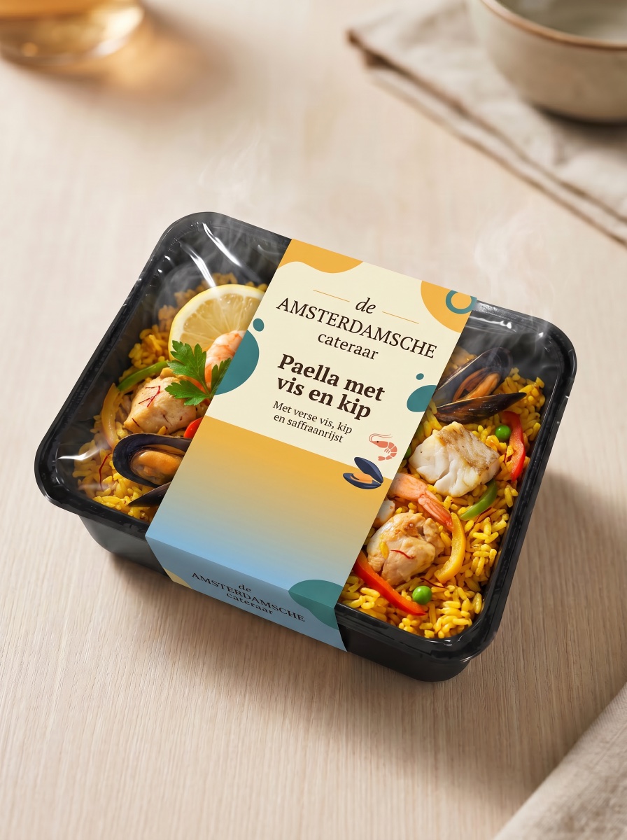 Paella met vis en kip, kant-en-klare maaltijd van De Amsterdamsche Cateraar